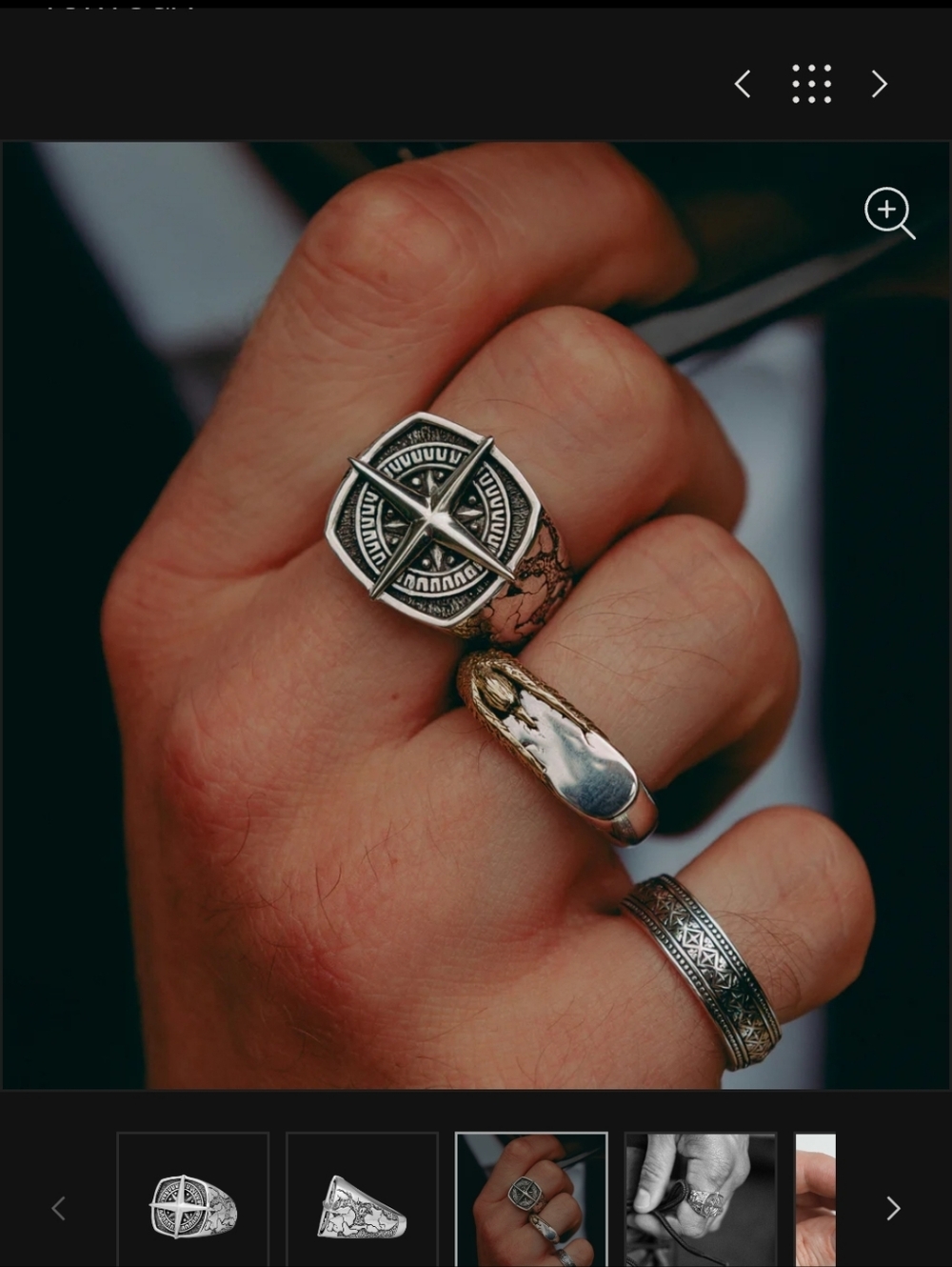Silver Compass Signet Ring for Men - stainless Finish